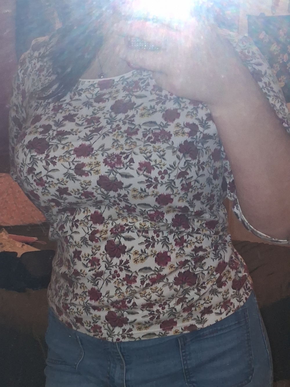Karen Scott White Floral Crop Top with Burgundy Roses